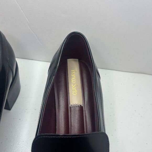 Franco Sarto Donna Patent Leather Black White Womens Heeled Loafers Shoes Tassle - Picture 9 of 11